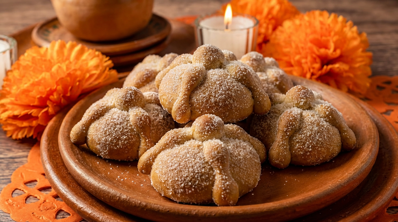 Resultado final de la receta de mini pan de muerto servido sobre una mesa